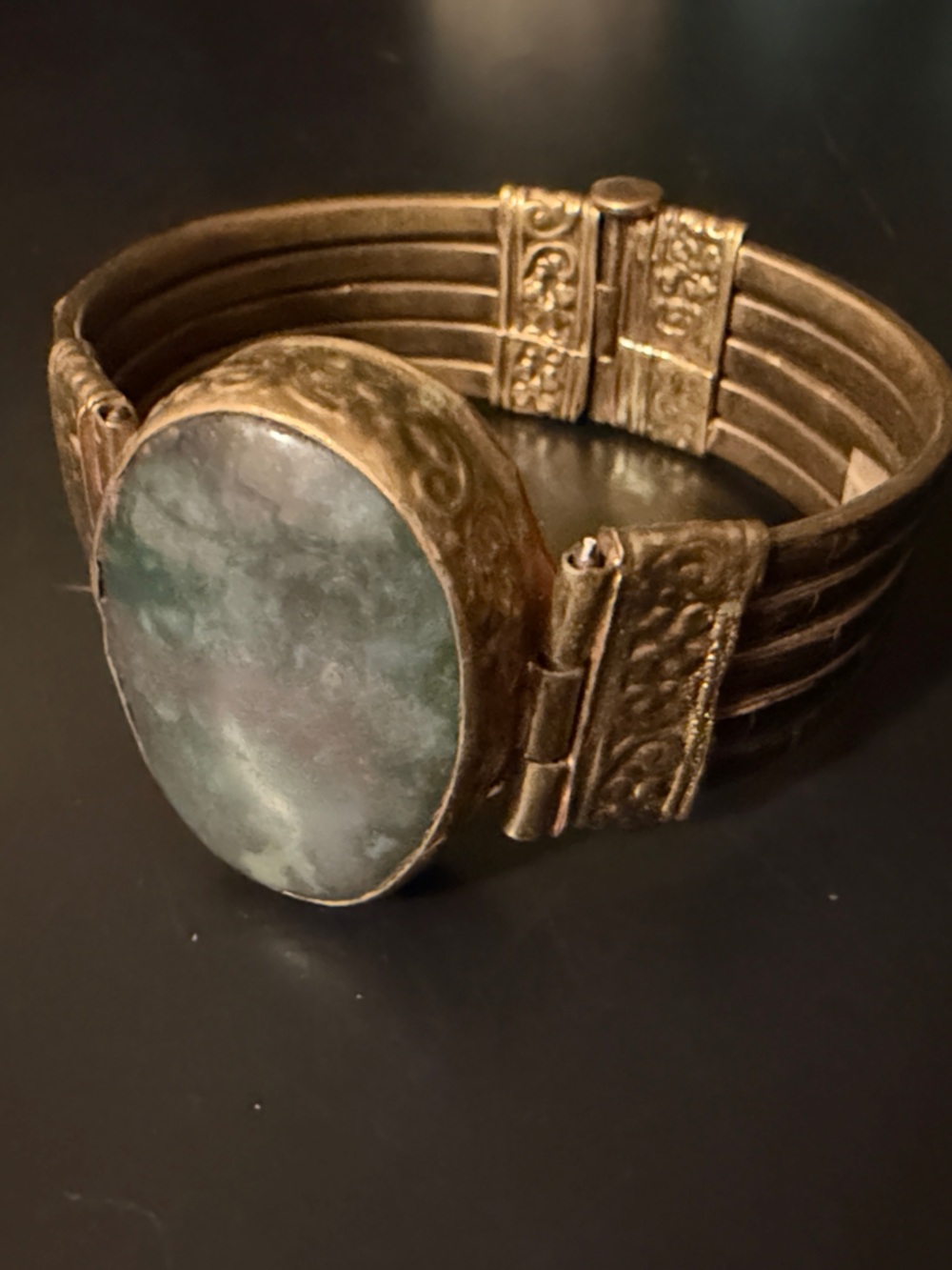 Vintage 1960-70s Boho Style Brass & Bone Bracelet with Agate Stone Inlay